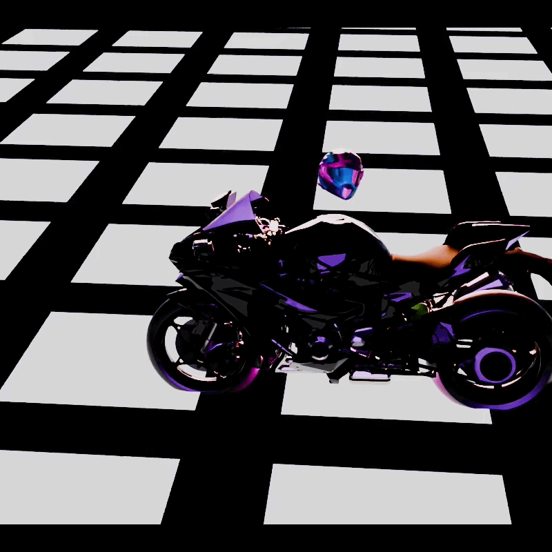 NFT Art. A black sport motorcycle with a floating purple helmet on a checkered black and white floor