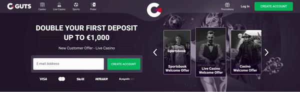 Guts home hero with card-style carousel; email capture and ‘Create account’ CTA, promos as swipeable