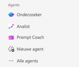 Menu list of AI agents including Researcher, Analyst, and Prompt Coach with icons.