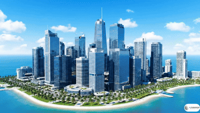 High-angle shot of a modern cityscape skyline.