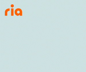 The orange Ria Money Transfer logo positioned on a light blue textured background.