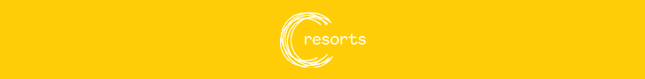 A bright yellow background features the word "resorts" in white, stylized text, encircled by a white, hand-drawn 'C'