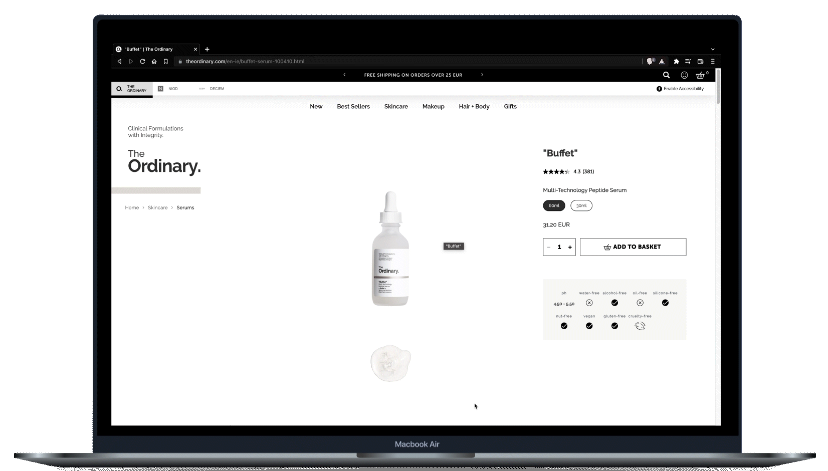 Product page for "buffet" prior to redesign