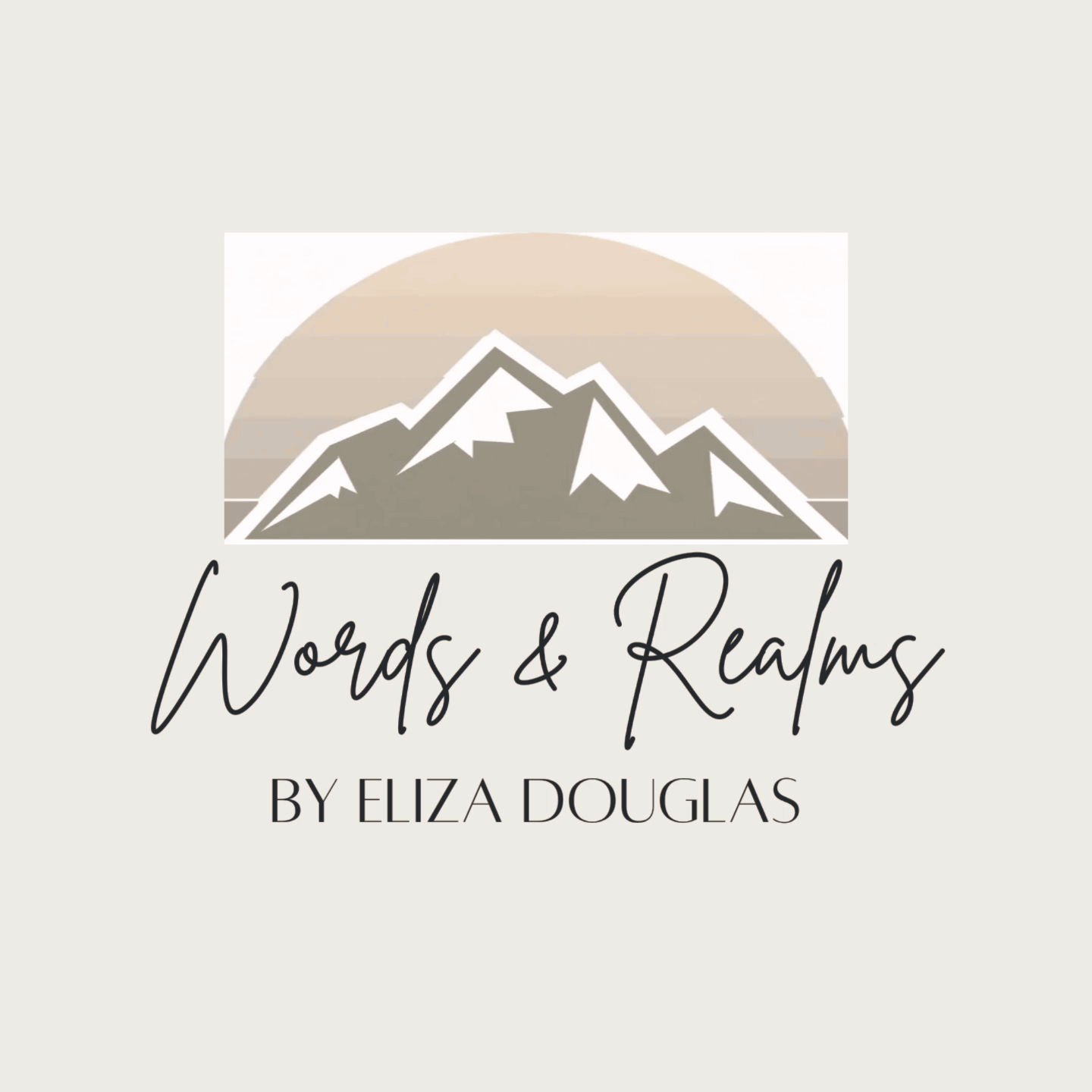 Words & Realms brand logo by Eliza Douglas featuring a mountain peak silhouette against a sunset.