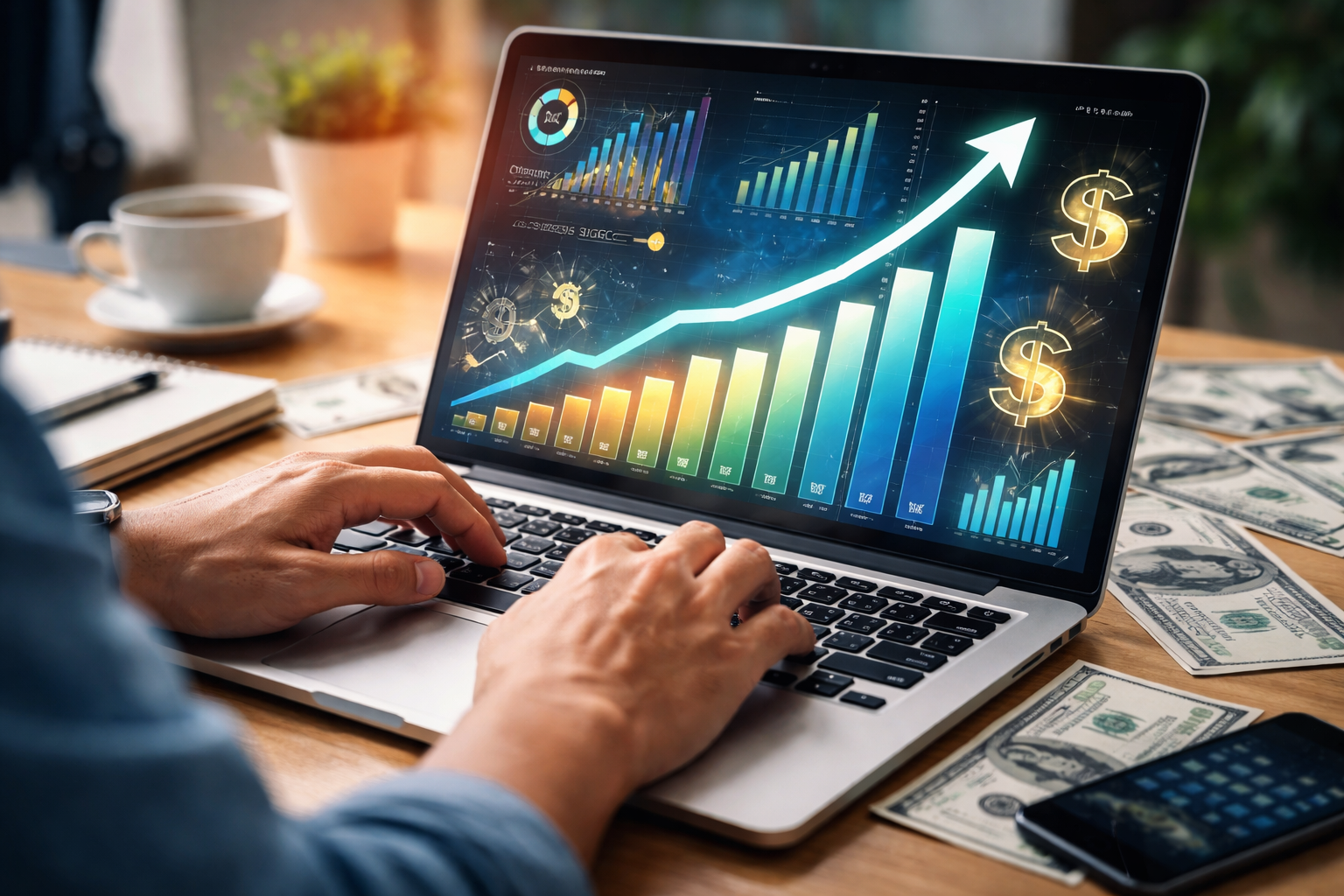 Person on laptop with income and chart graphics representing online business success