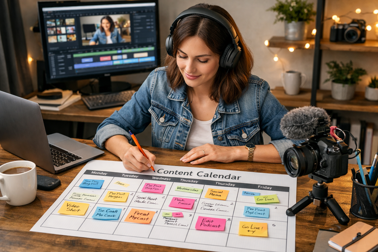 Content creator at desk planning a 30-day content strategy