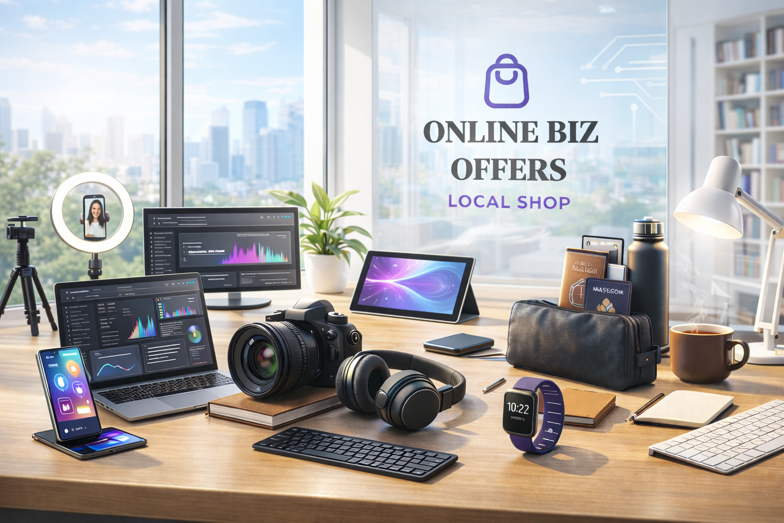 Photorealistic 4K modern office with tech and city view workspace displaying products from Online Biz Offers Store.