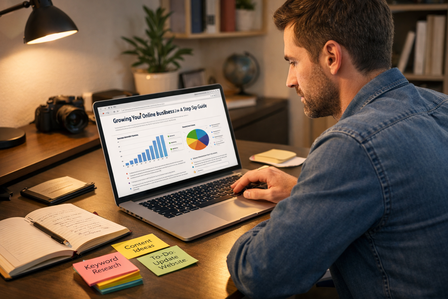 Photorealistic 4K workspace with a creator reading in-depth online business guides on a laptop in a modern home office.