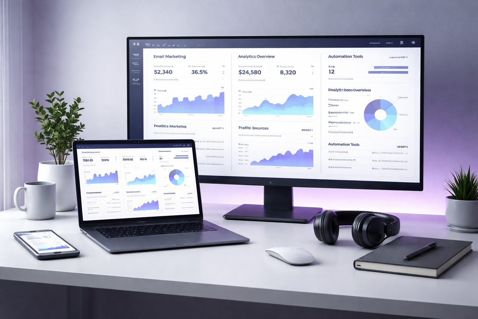 Photorealistic 4K modern desk with laptop and monitor displaying online business tools, analytics and automation dashboards.