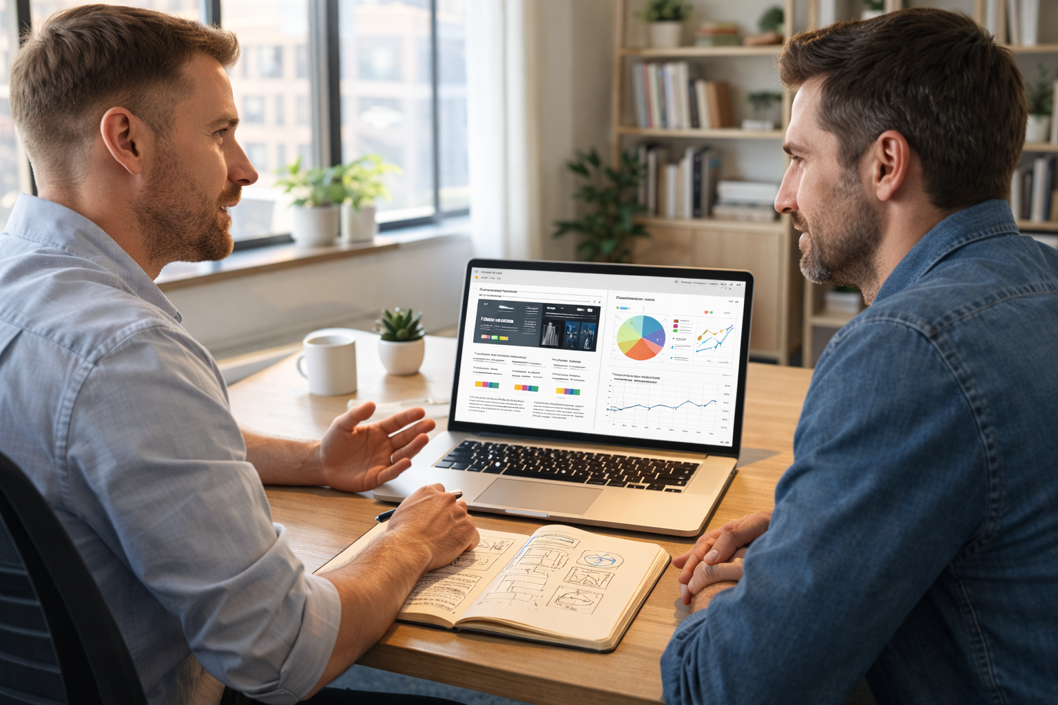 Photorealistic 4K scene of a consultant and client reviewing website and SEO strategy on a laptop in a modern office.