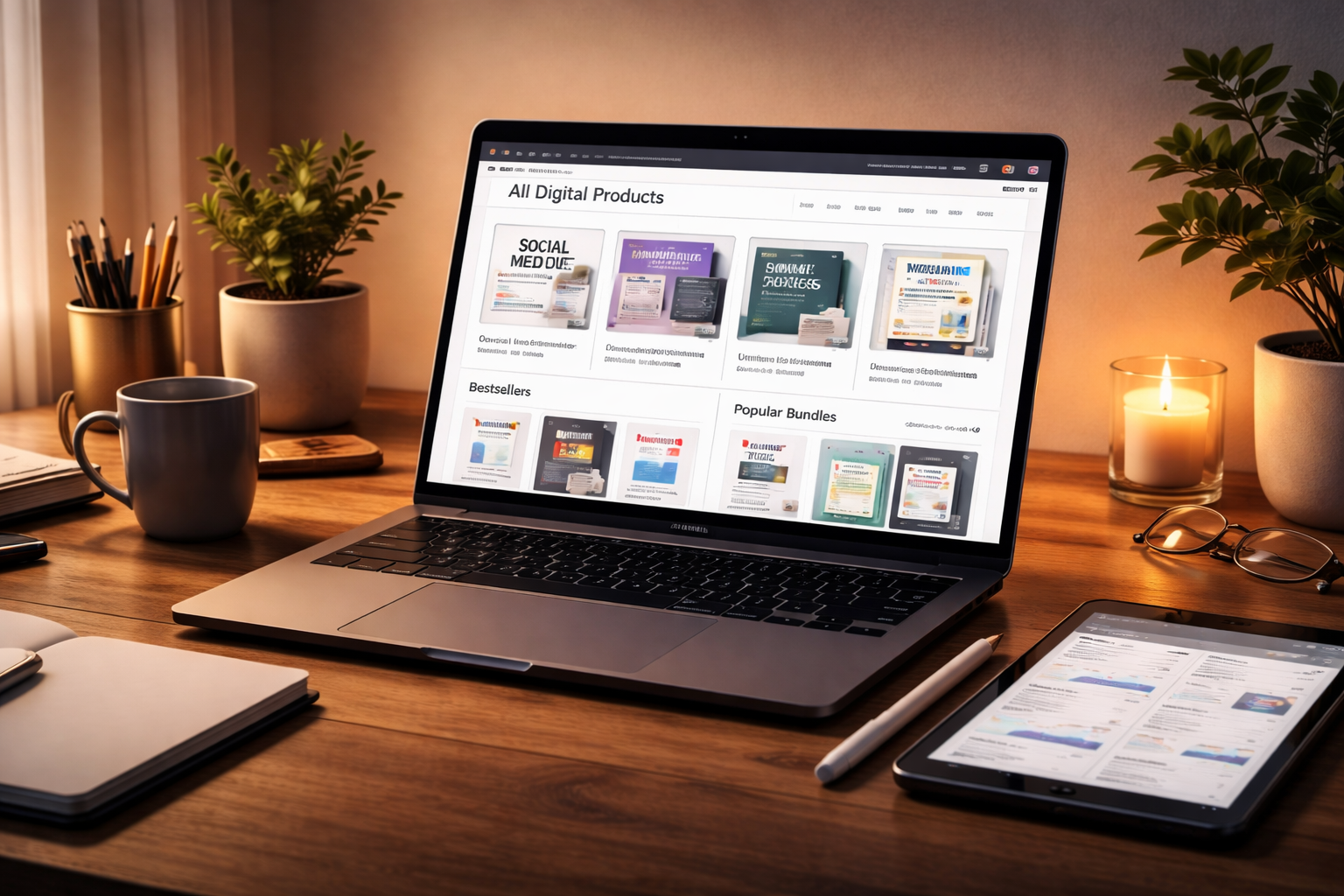 Photorealistic 4K laptop screen showing an online store with ebooks, guides and digital bundles ready for purchase.