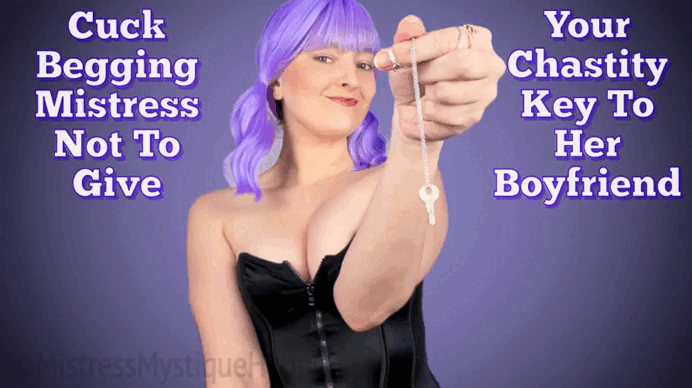 Cuck Begging Mistress Not To Give Your Chastity Key To Her Boyfriend gif with Cuckoldress Mistress Mystique Hoops