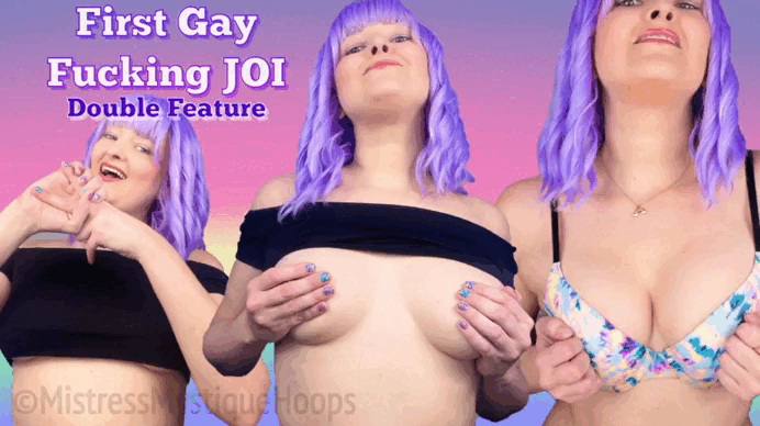 First Gay Fucking JOI Double Feature gif with Domme Mistress Mystique Hoops