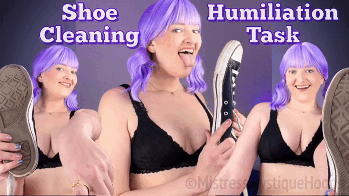 Shoe Cleaning Humiliation Task gif with Femdom Mistress Mystique Hoops