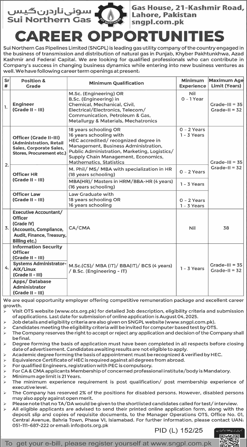 SNGPL Jobs July 2025 – Engineers & Officers Ad in Daily Dawn via OTS