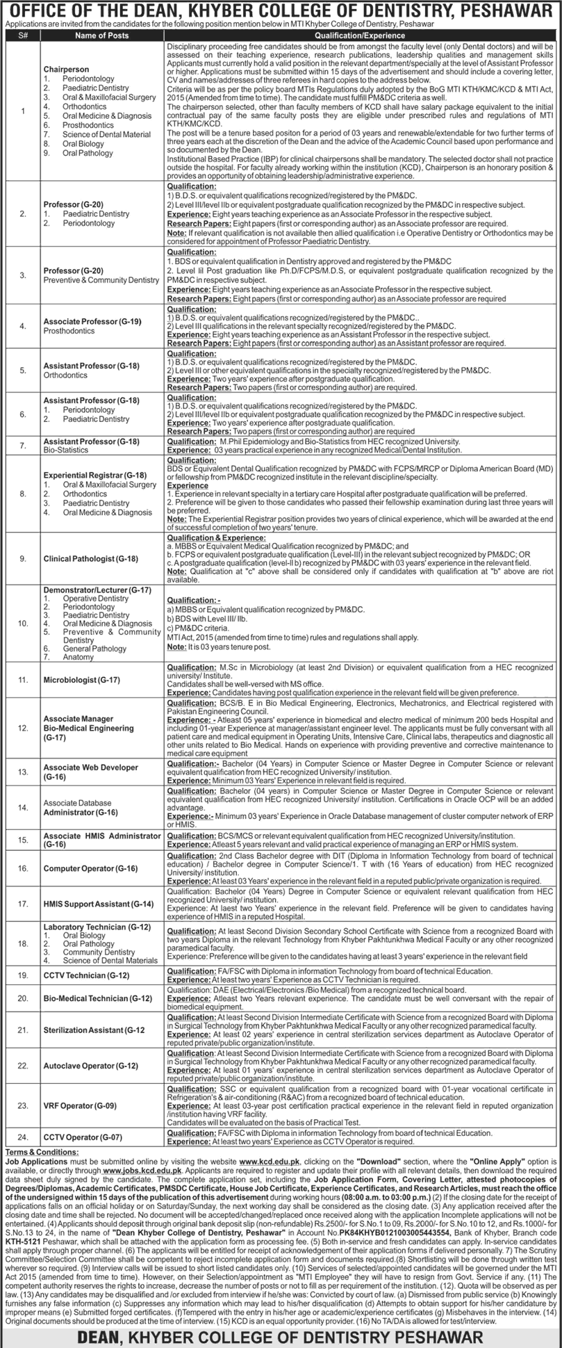 Ad of Khyber College of Dentistry jobs for teaching faculty and technical staff September 2025