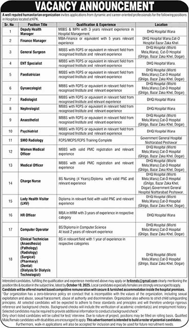 Ad of NGO jobs in KPK for medical technicians nurses doctors and health staff September 2025