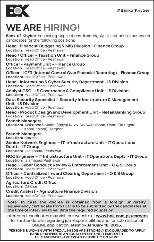 Bank of Khyber jobs in Peshawar KPK branch managers IT finance positions January 2026 نوکریاں