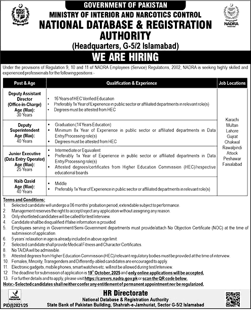 Ad of NADRA jobs for deputy assistant directors and junior executives October 2025