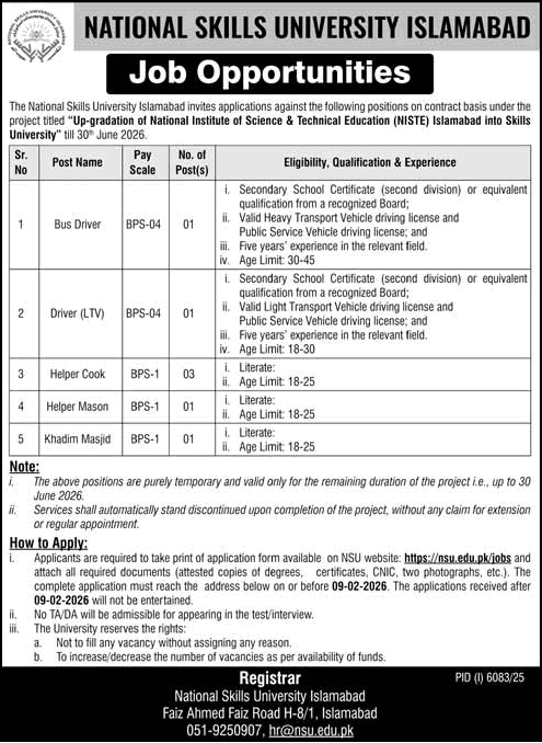 National Skills University Islamabad jobs bus driver LTV driver cook helper mason helper khadim masj