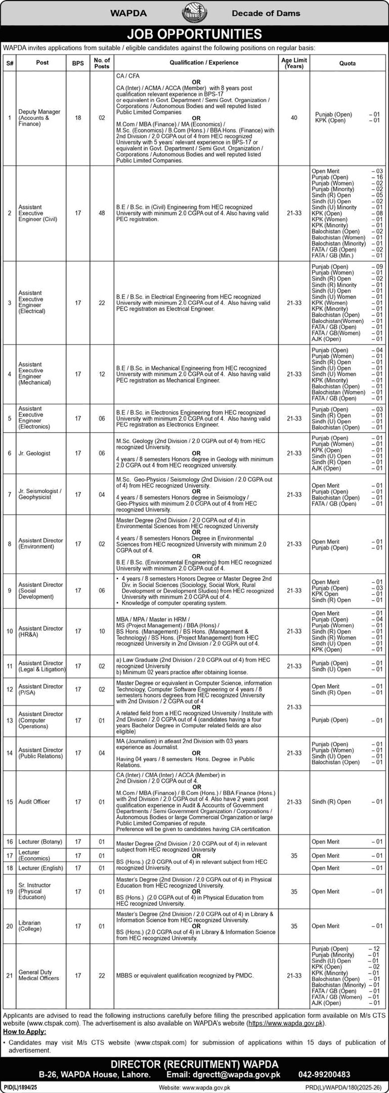 WAPDA jobs 2026 online application assistant engineers medical officers lecturers January 2026 نوکری