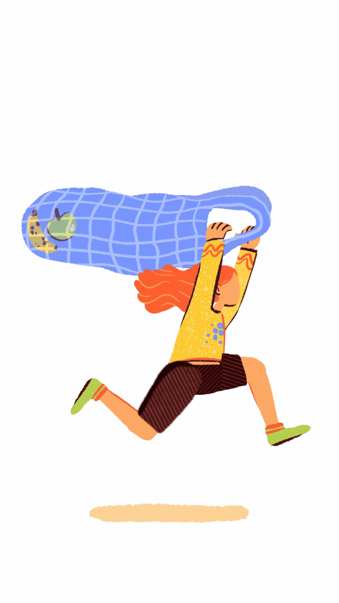 a woman with a groceries bag, catching groceries, food, snacks, juice in the air while running