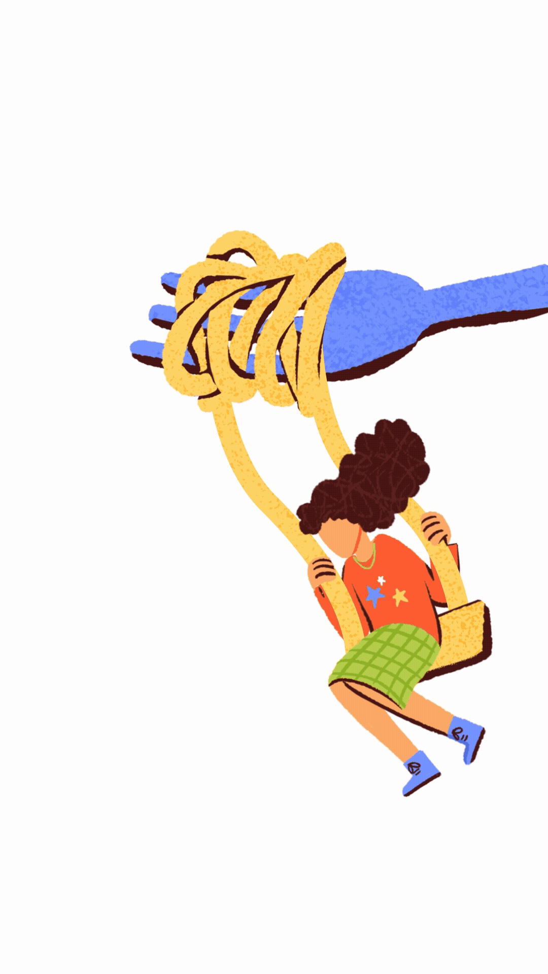 a woman on a swing that is a fork with spagetties