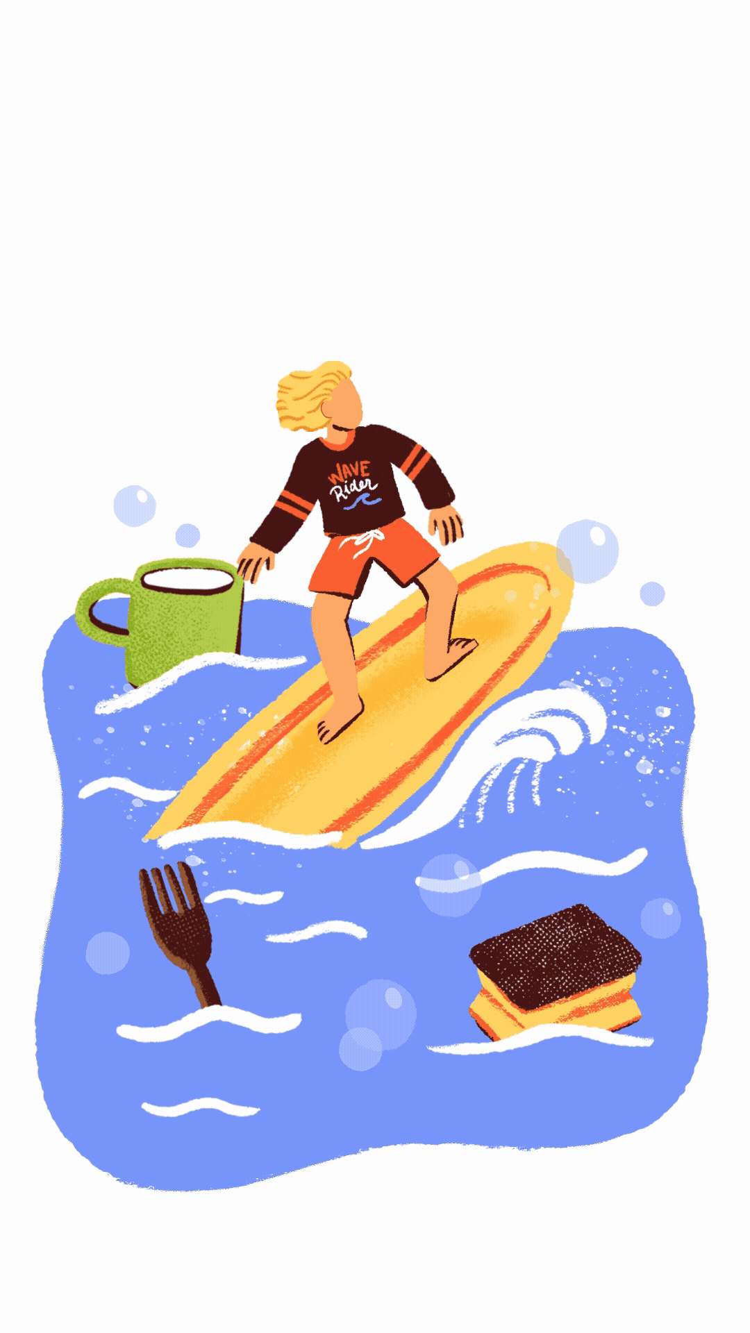 a man surfing on a surfboard in the kitchen sink, between dirty cups and forks and a sponge and soap