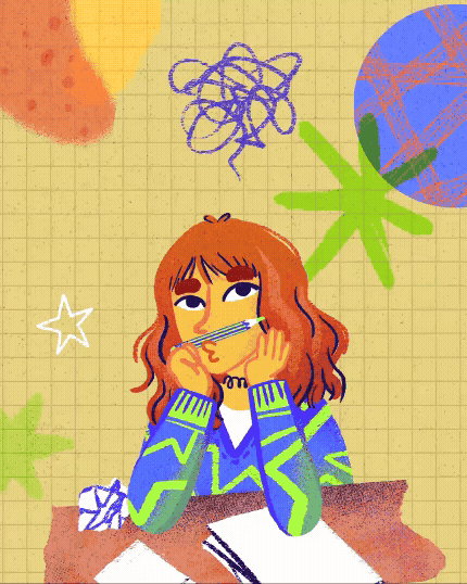 a girl sitting at a desk with a pencil and pen is thinking and searching inspiration