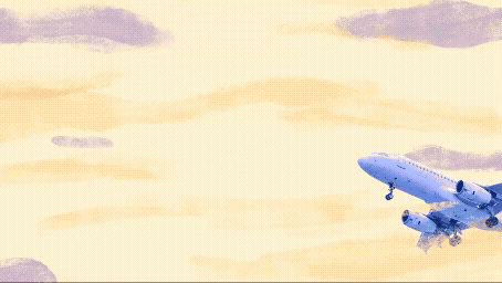 Animated airplane flying through a yellow and purple sunset sky with soft clouds.
