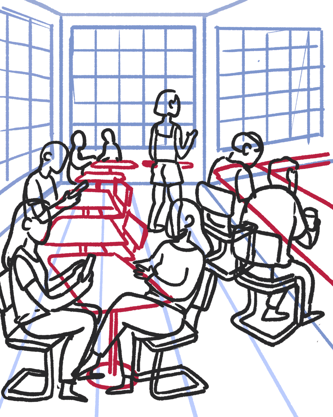 process from sketch to final of a colorful illustration of people relaxing in a modern cafe