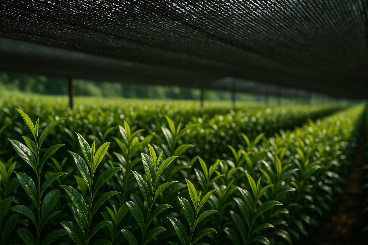 Pourquoi le matcha est cher : luxe ou arnaque ? 2 Feuilles de thé vert matcha sous une toile d’ombrage noire au Japon, technique traditionnelle pour intensifier la couleur et le goût