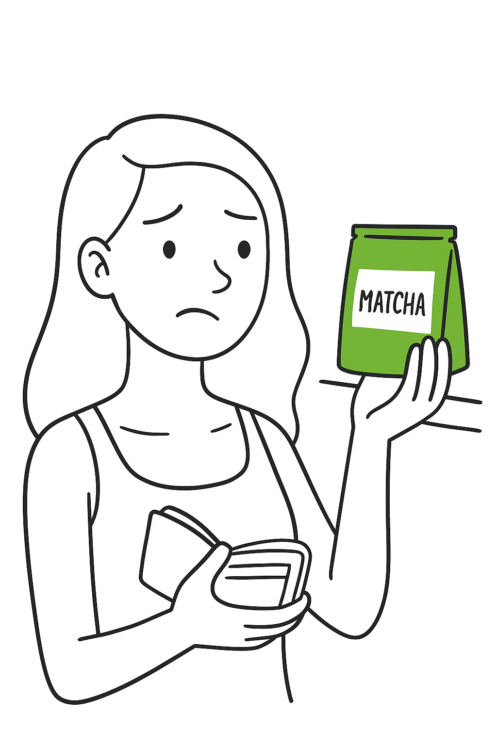 Pourquoi le matcha est cher : luxe ou arnaque ? 3 Illustration humouristique d’une femme hésitant à acheter du matcha trop cher, avec un portefeuille vide — style bande dessinée minimaliste