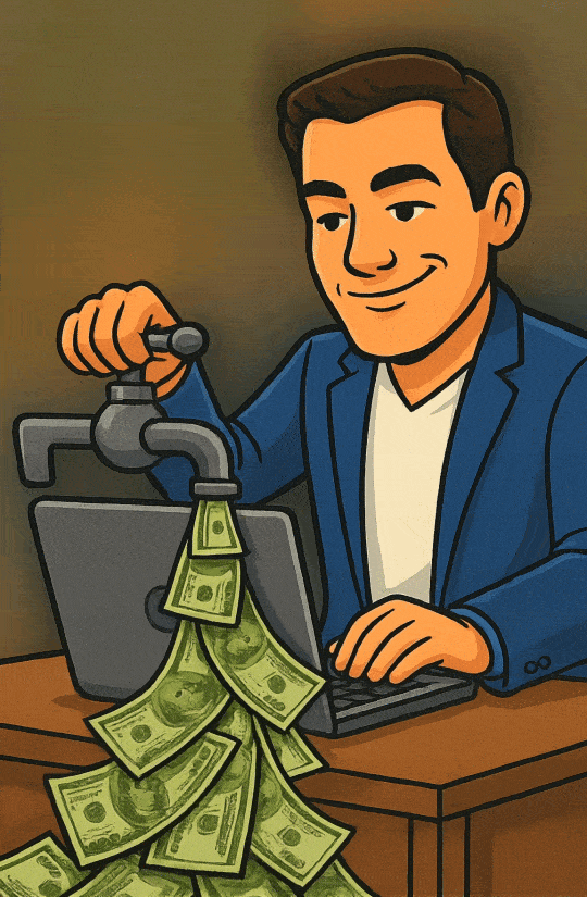 a man sitting at a desk with a laptop computer and money