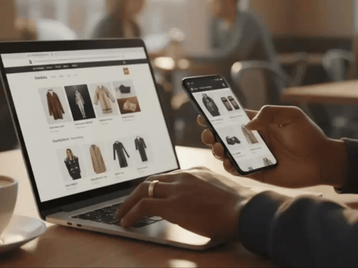 Homem usando IA no celular e no laptop para comparar preços e buscar produtos online