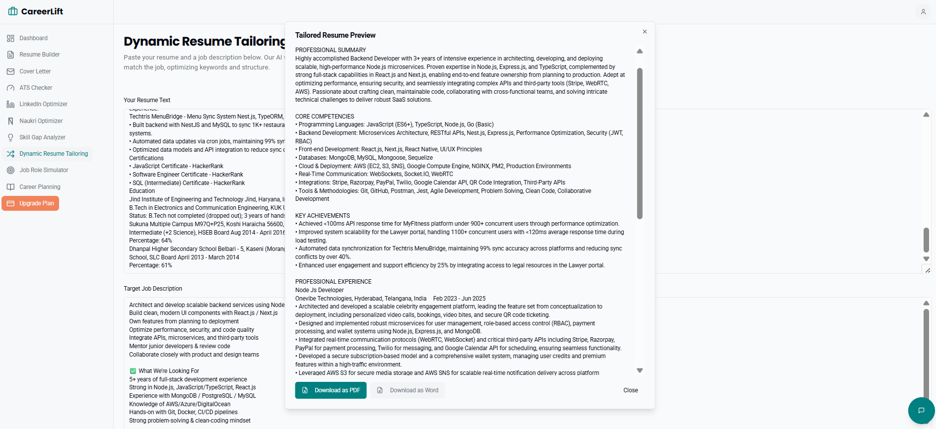 AI Resume Tailoring Interface