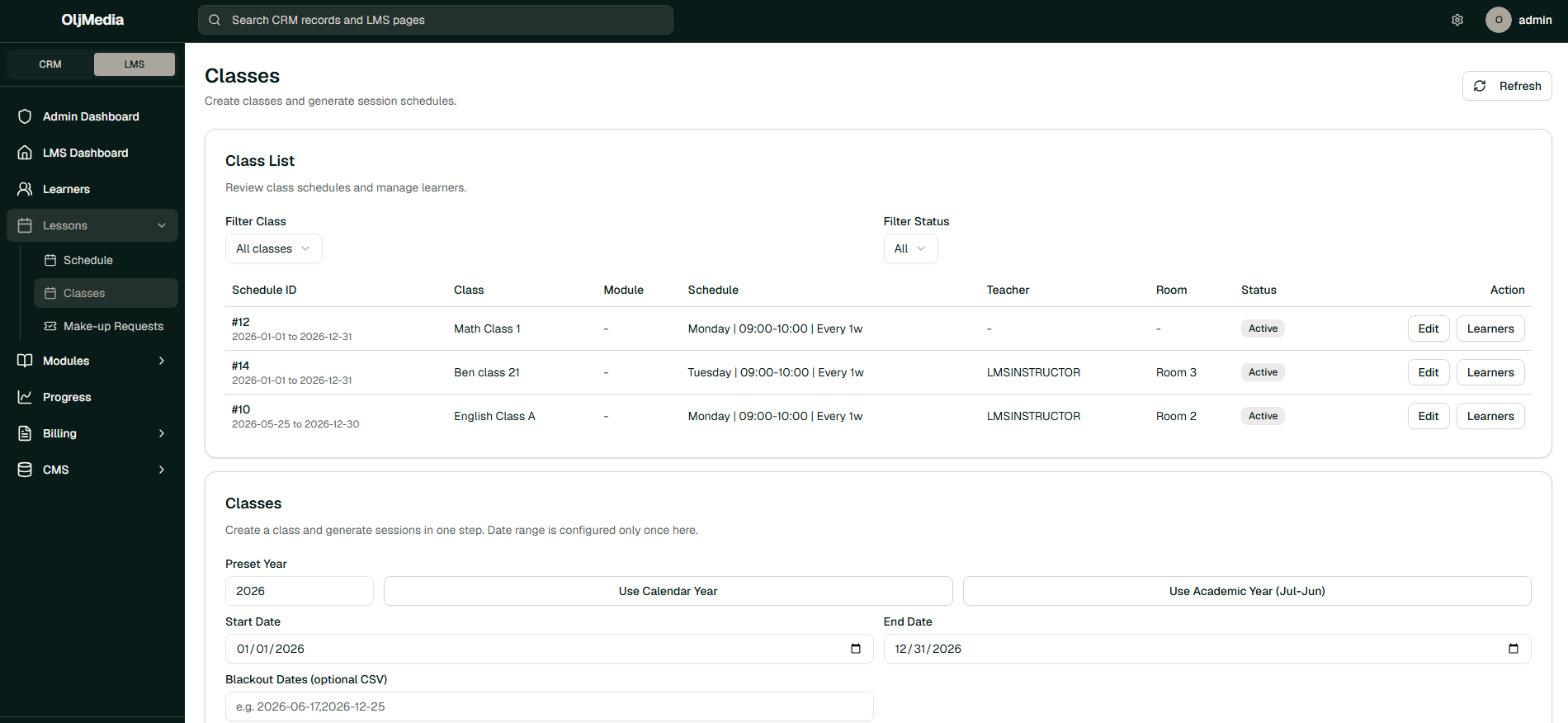 Class Management Interface