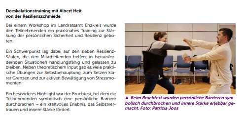 Zeitungsartikel über Deeskalationstraining im Landratsamt Enzkreis mit Albert Heit und Bruchtest zur Stärkung von Selbstvertr