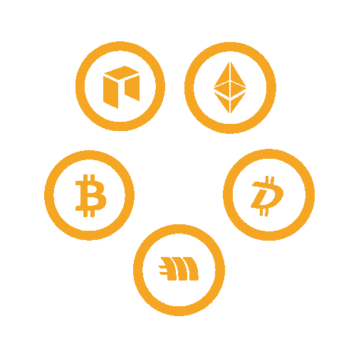 Conjunto de íconos de criptomonedas como Bitcoin y Ethereum
