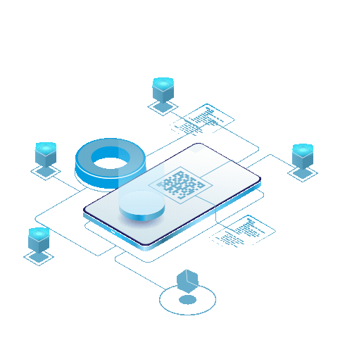 Gráfico 3D de red blockchain y billetera digital con código QR, que simboliza la seguridad