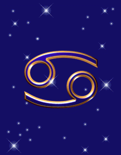 Golden Cancer zodiac sign symbol gif on a dark blue background with sparkling stars.