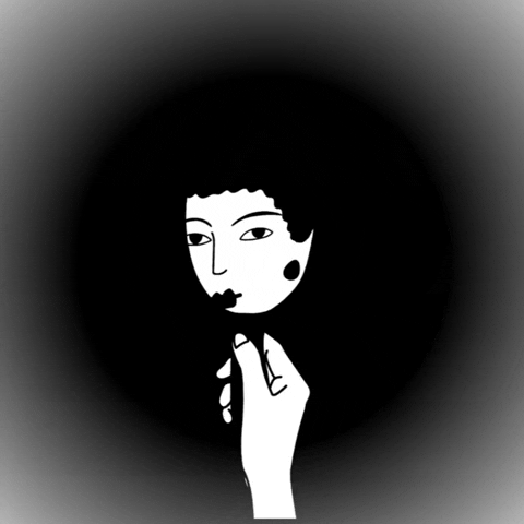 black and white cartoon of woman looking into handheld mirror gif