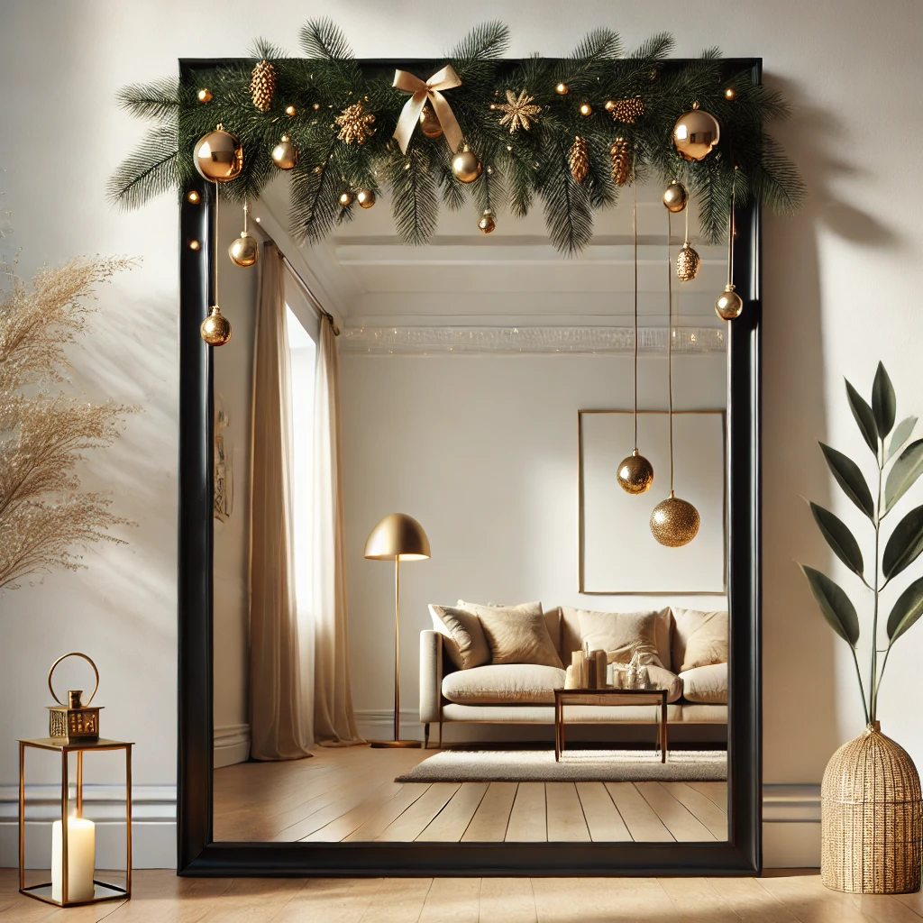 a living room with a couch and christmas decorations