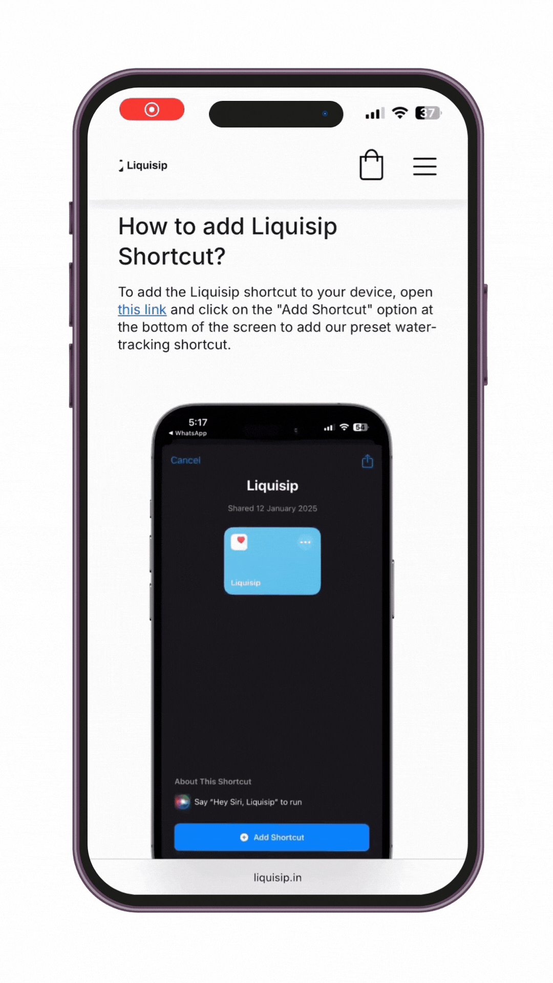 How to connect liquisip smart bottle with phone through iphone shortcut
