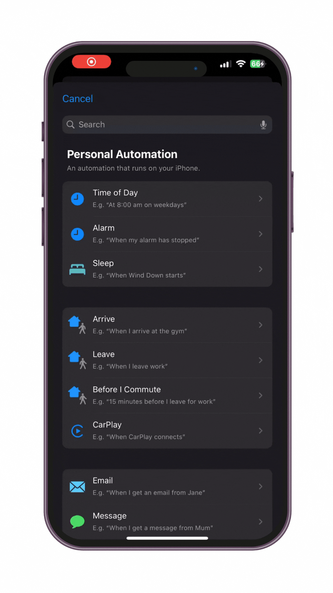 selecting NFC in iphone automation to connect with liquisip smart water bottle