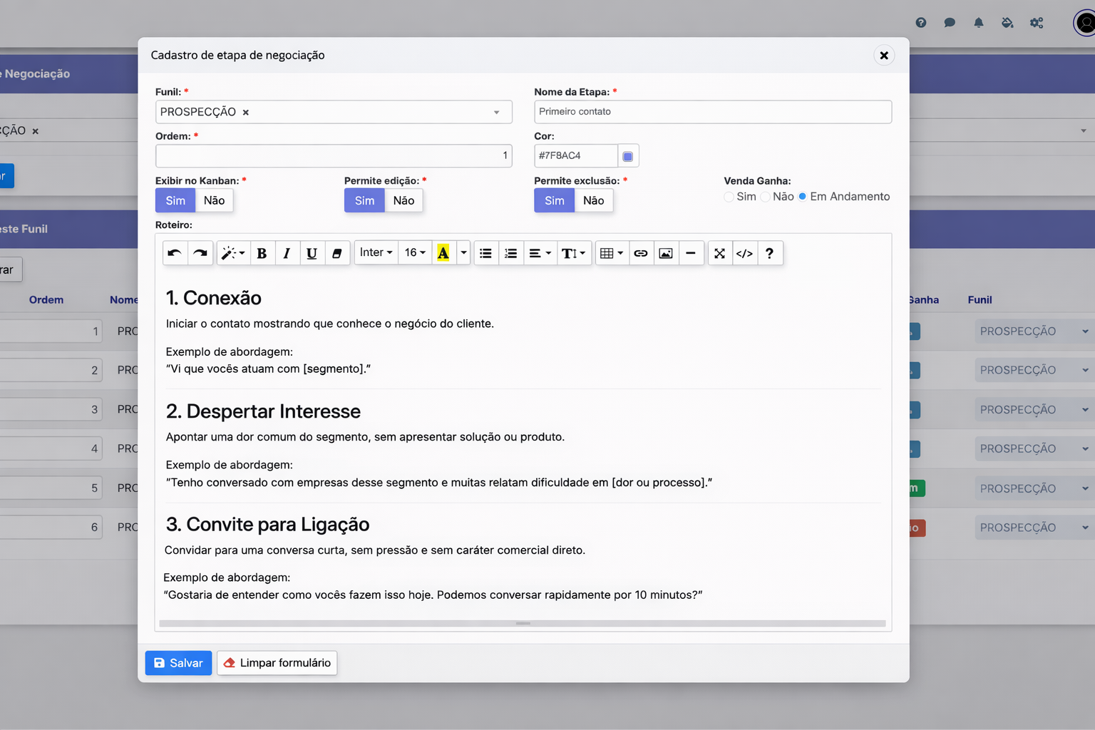 Roteiro por etapa de negociação no CRM do FORCIUS