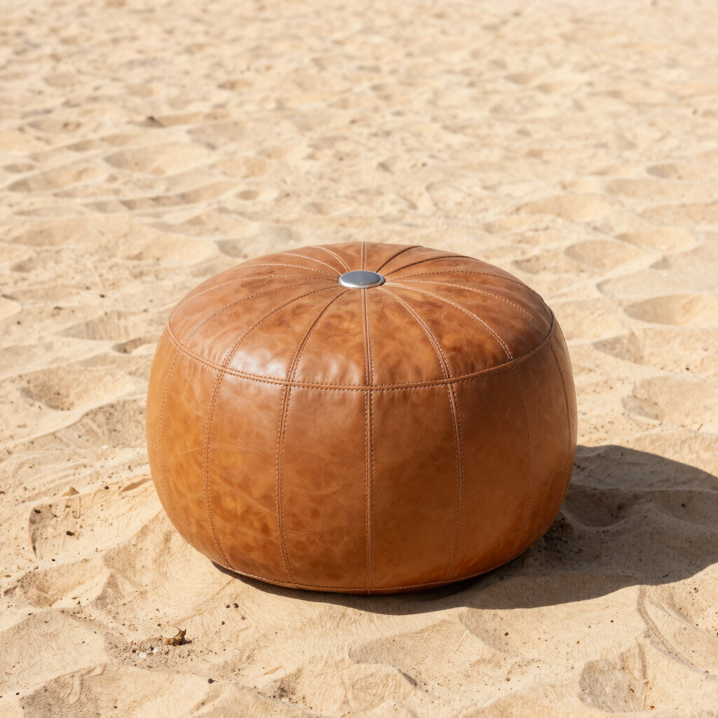 Stitched Tan Leather Pouf