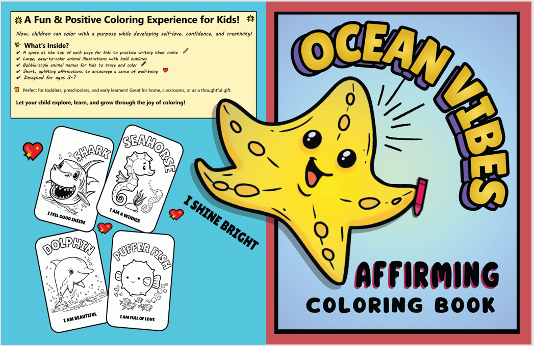 Ocean Vibes coloring book cover — bold line art with positive affirmations