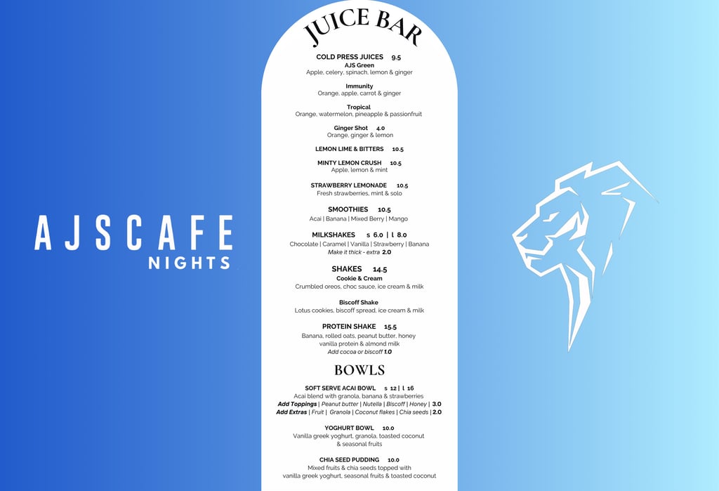 AJ’s Café Nights juice bar menu