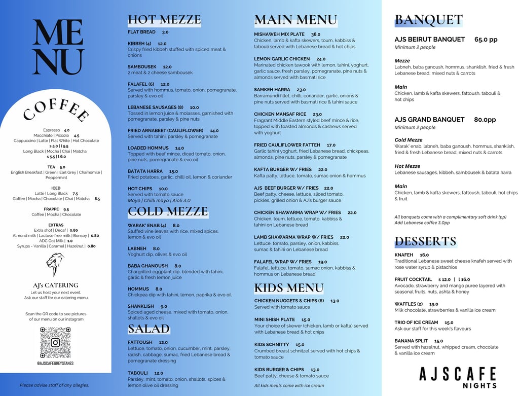 AJ’s Café Nights main menu